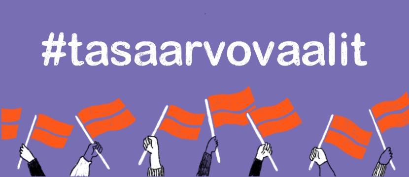#tasaarvovaalit-kuva, jossa kädet pitelevät oransseja lippuja.
