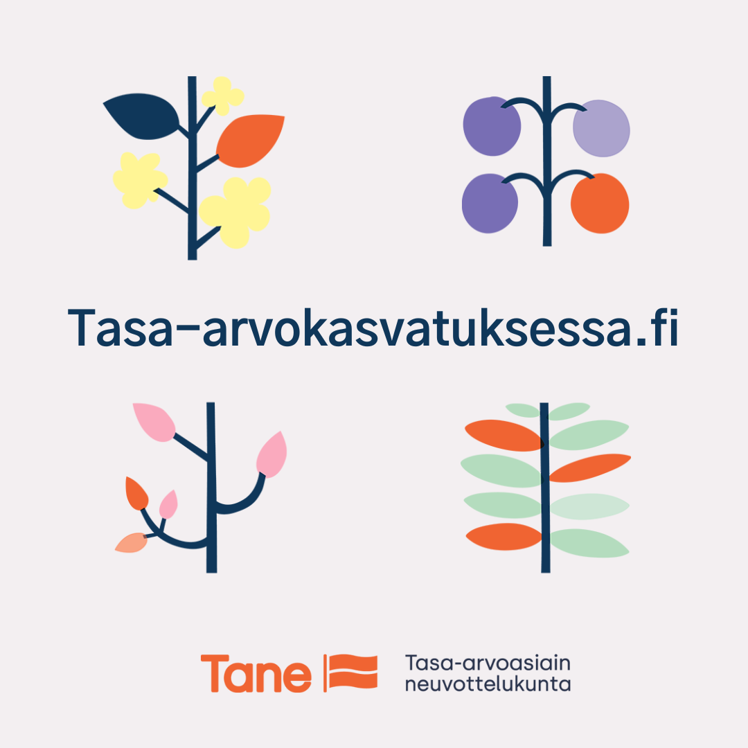Neljä värikästä kasvia ja keskellä teksi Tasa-arvokasvatuksessa.fi.