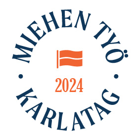 Miehen työ 2024 ja Tanen oranssi lippulogo. Alhaalla ruotsiksi teksti karlatag. 