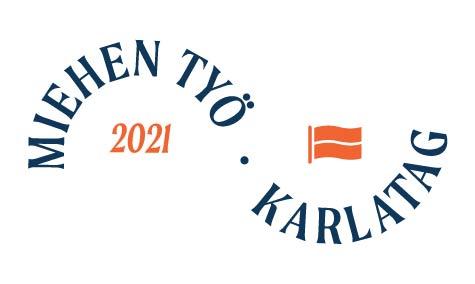Miehen työ - Karlatag 2021 ja tasa-arvoasiain neuvottelukunnan oranssi lippulogo.